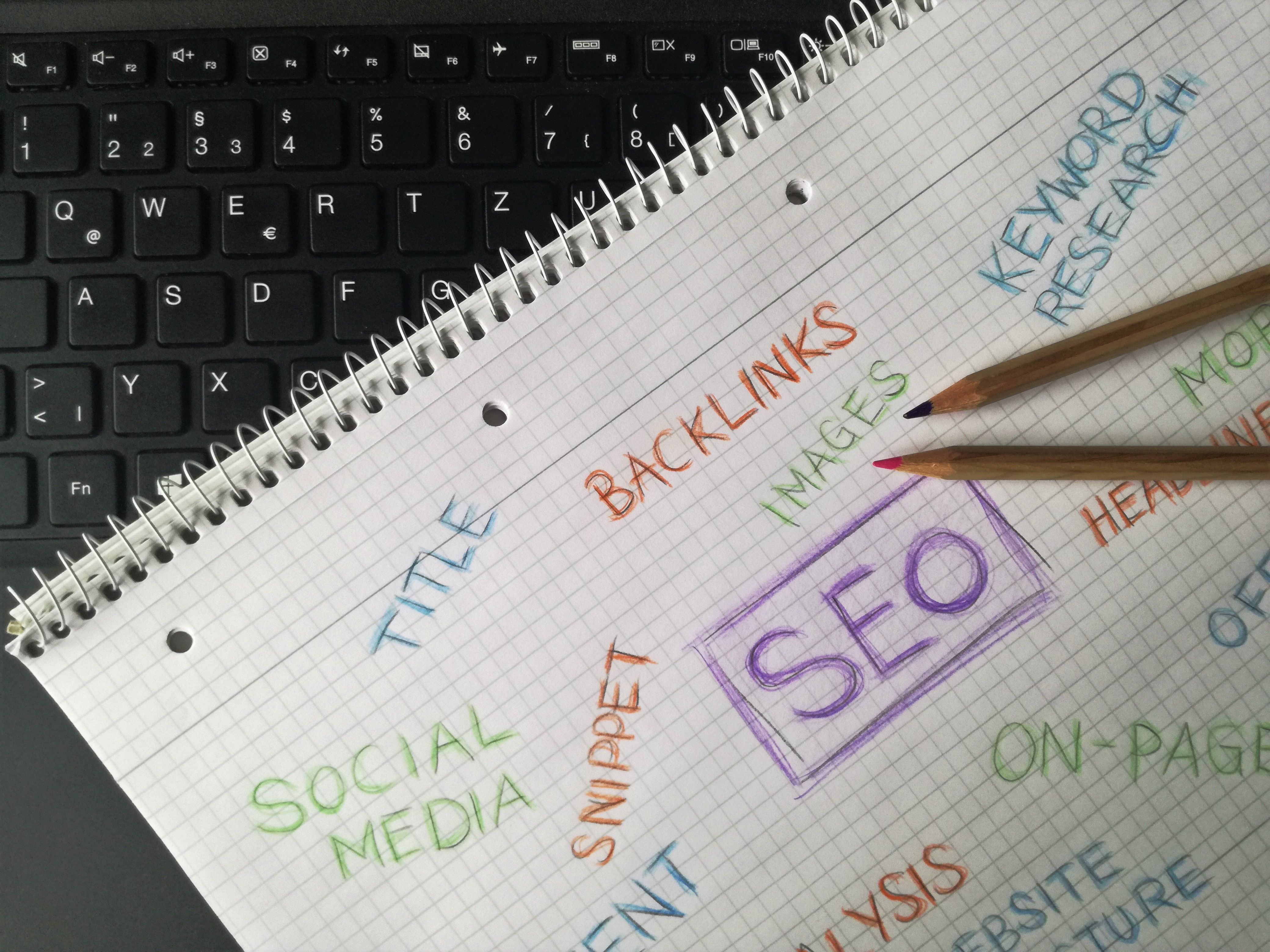 Notebook with handwritten SEO keywords and terms for keyword research strategy